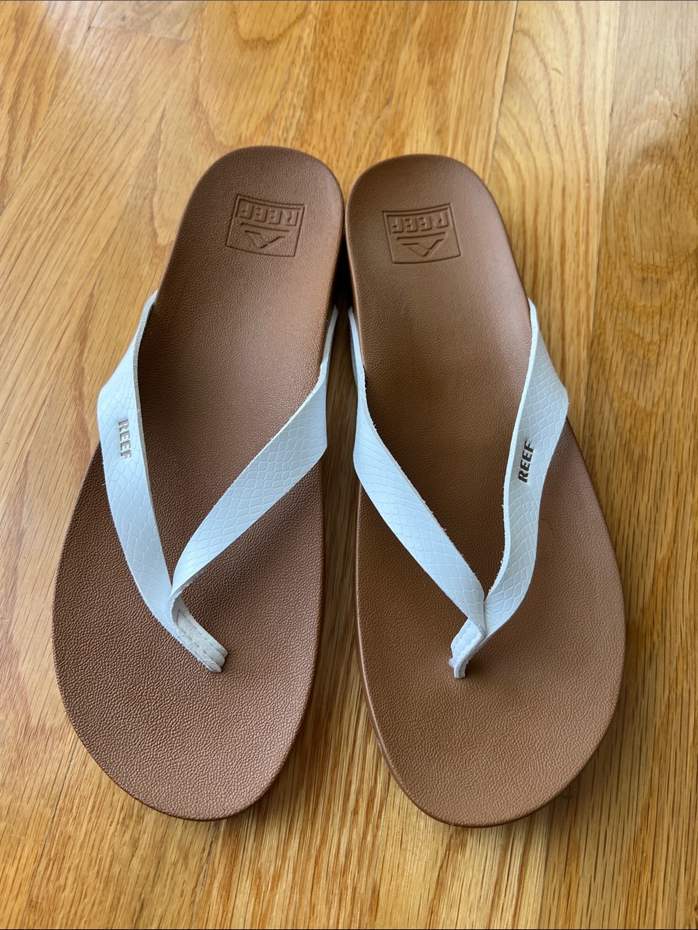 Reef Brown Footbed Flip Flops with White Straps